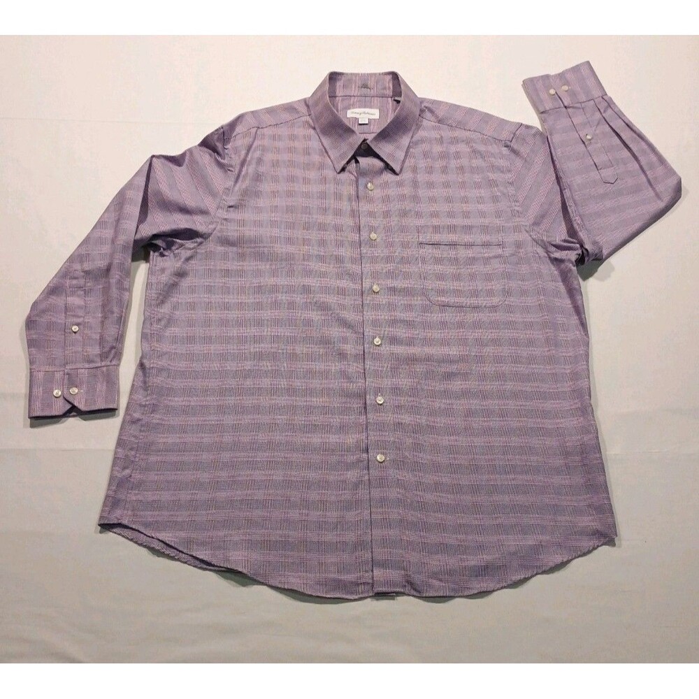 Tommy Bahama Purple Plaid Dress Shirt Mens 17.5 32-33 Cotton Long Sleeve